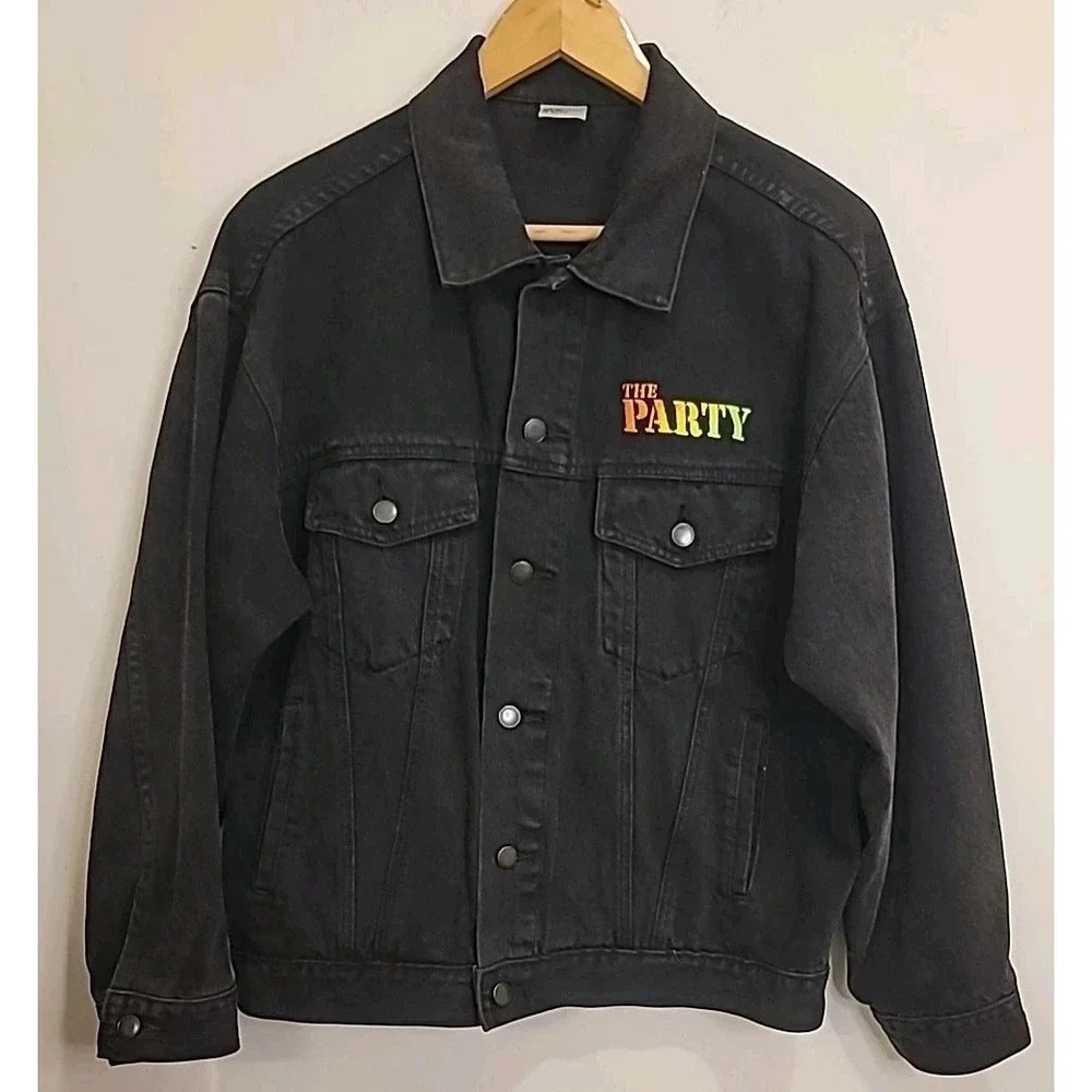 Black‎ Denim Trucker Jean Jacket M Upcycled Distressed Vtg Hippie Flower Rainbow